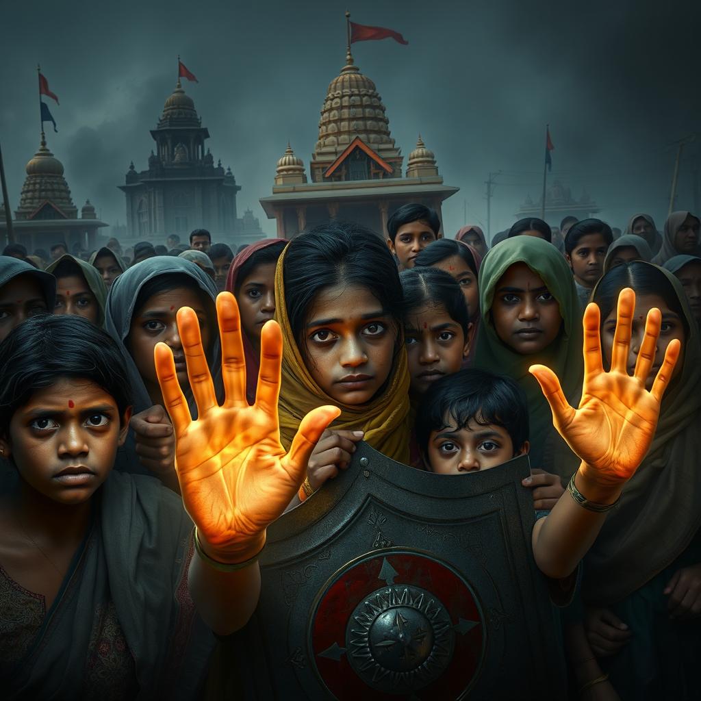 A poignant scene depicting a group of vulnerable Bangladeshi Hindus, including women and children, gathered together in a tense and hostile environment, seeking protection from extremist threats