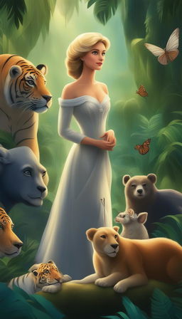 A Disney-style digital art piece showing the Princess of Wales in a royal gown, venturing through the vibrant and mysterious Amazon jungle, with various animals watching her with interest