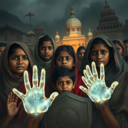 A poignant scene depicting a group of vulnerable Bangladeshi Hindus, including women and children, gathered together in a tense and hostile environment, seeking protection from extremist threats