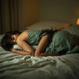 A peaceful scene of a woman sleeping on her belly, adorned in a soft green nightgown and elegant black pantyhose