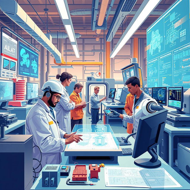 A visually captivating illustration showcasing the use of artificial intelligence in engineering activities