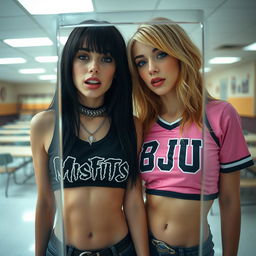 Two gorgeous females as seen from behind a reinforced plexiglass window, captured in a close-up shot focusing on their chests and torso