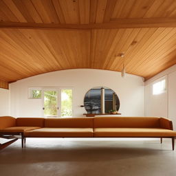 A long living room reflecting the mid-century modern architecture style, incorporating an elegantly designed inbuilt seater. The room showcases the minimalistic sophistication and organic integration typical of the style.