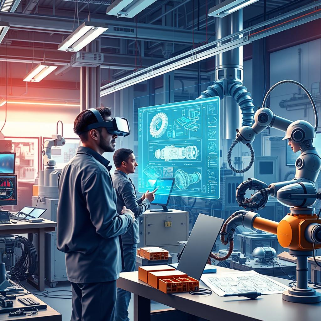 A visually stunning scene illustrating the use of artificial intelligence in various engineering activities
