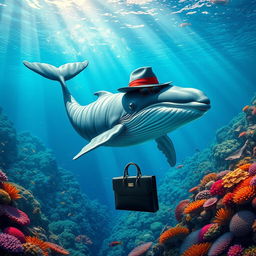 A majestic whale swimming gracefully through a shimmering underwater landscape, surrounded by colorful coral reefs teeming with vibrant marine life, while wearing a sophisticated trader's hat and sunglasses, holding a briefcase in its fins, symbolizing wealth and trade in the ocean
