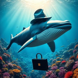 A majestic whale swimming gracefully through a shimmering underwater landscape, surrounded by colorful coral reefs teeming with vibrant marine life, while wearing a sophisticated trader's hat and sunglasses, holding a briefcase in its fins, symbolizing wealth and trade in the ocean