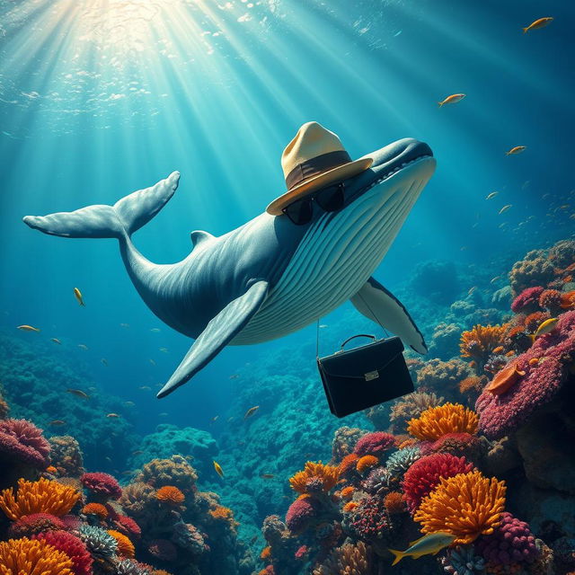 A majestic whale swimming gracefully through a shimmering underwater landscape, surrounded by colorful coral reefs teeming with vibrant marine life, while wearing a sophisticated trader's hat and sunglasses, holding a briefcase in its fins, symbolizing wealth and trade in the ocean