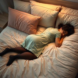 A tranquil bedroom scene featuring a woman sleeping on her belly, dressed in a soft green nightgown and black pantyhose