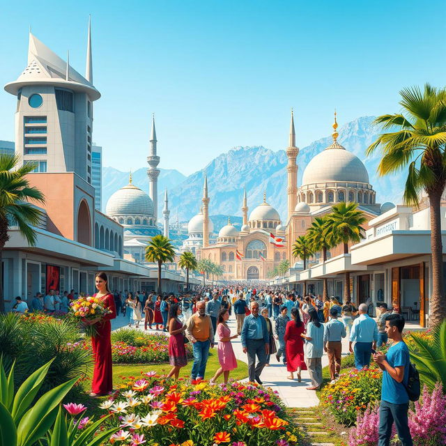 A vibrant depiction of a modern Iran, showcasing a fusion of traditional and contemporary architecture