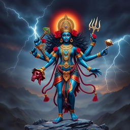 A stunning depiction of Kali, the Hindu goddess of destruction and transformation, standing fiercely in a vibrant and dynamic pose