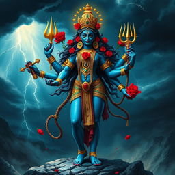 A stunning depiction of Kali, the Hindu goddess of destruction and transformation, standing fiercely in a vibrant and dynamic pose