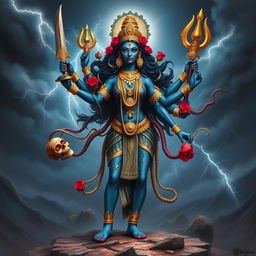 A stunning depiction of Kali, the Hindu goddess of destruction and transformation, standing fiercely in a vibrant and dynamic pose