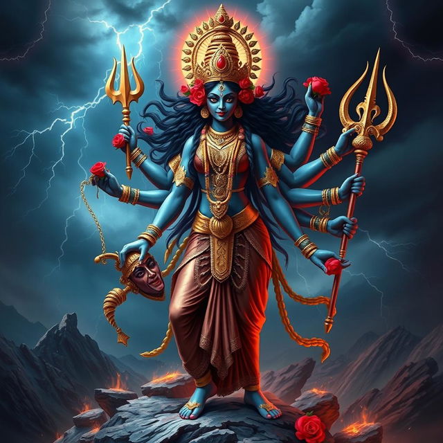 A stunning depiction of Kali, the Hindu goddess of destruction and transformation, standing fiercely in a vibrant and dynamic pose