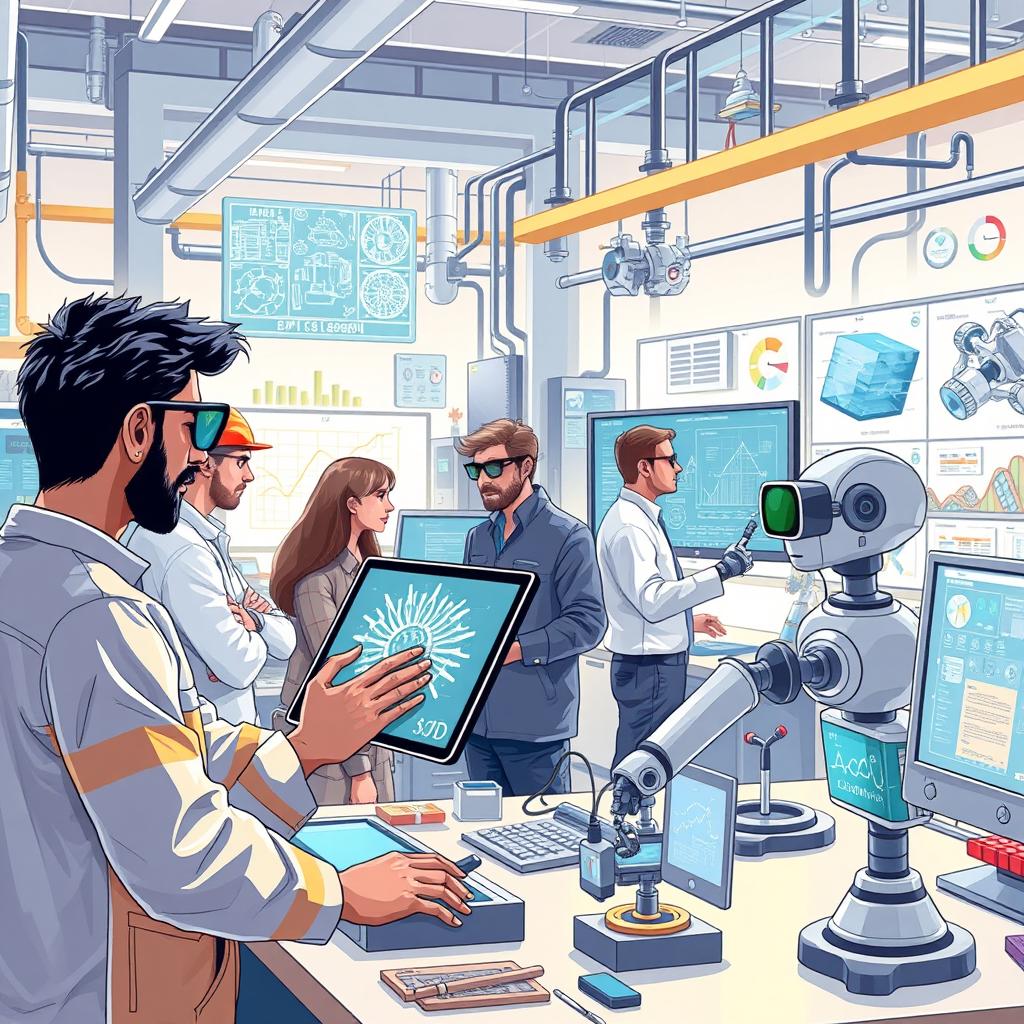 An engaging and detailed illustration representing the use of artificial intelligence in engineering activities