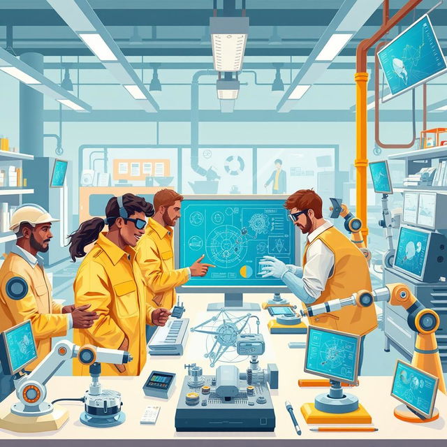 An engaging and detailed illustration representing the use of artificial intelligence in engineering activities