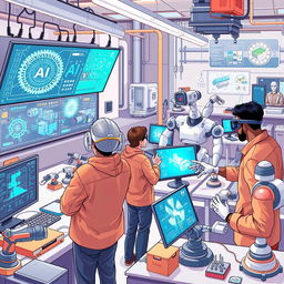 An engaging and detailed illustration representing the use of artificial intelligence in engineering activities