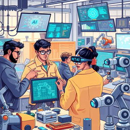 An engaging and detailed illustration representing the use of artificial intelligence in engineering activities
