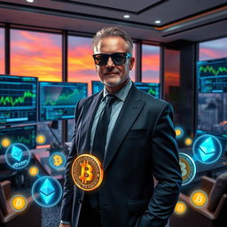 A powerful and wealthy cryptocurrency trader, depicted as a middle-aged man with a confident demeanor, wearing a sleek black suit and sunglasses