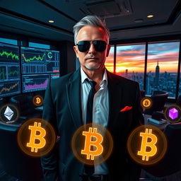 A powerful and wealthy cryptocurrency trader, depicted as a middle-aged man with a confident demeanor, wearing a sleek black suit and sunglasses