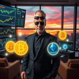 A powerful and wealthy cryptocurrency trader, depicted as a middle-aged man with a confident demeanor, wearing a sleek black suit and sunglasses