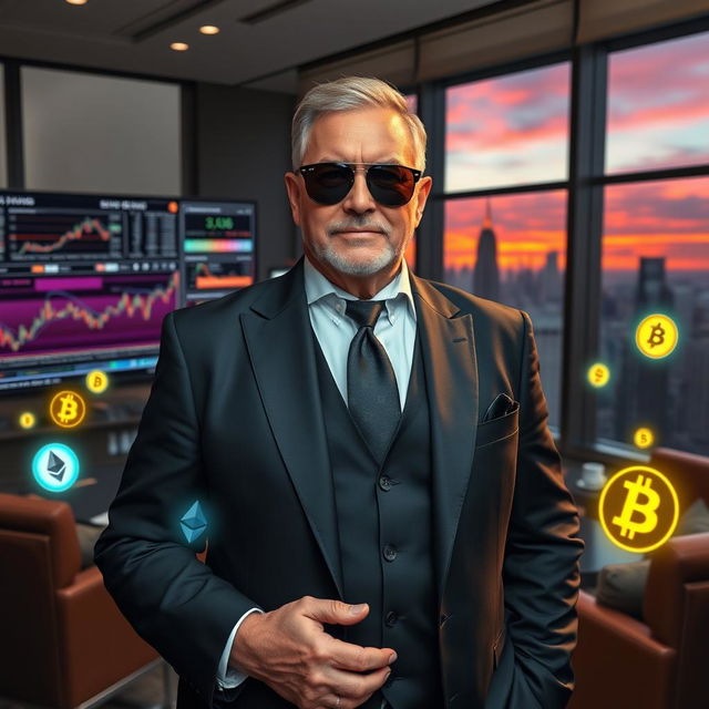 A powerful and wealthy cryptocurrency trader, depicted as a middle-aged man with a confident demeanor, wearing a sleek black suit and sunglasses