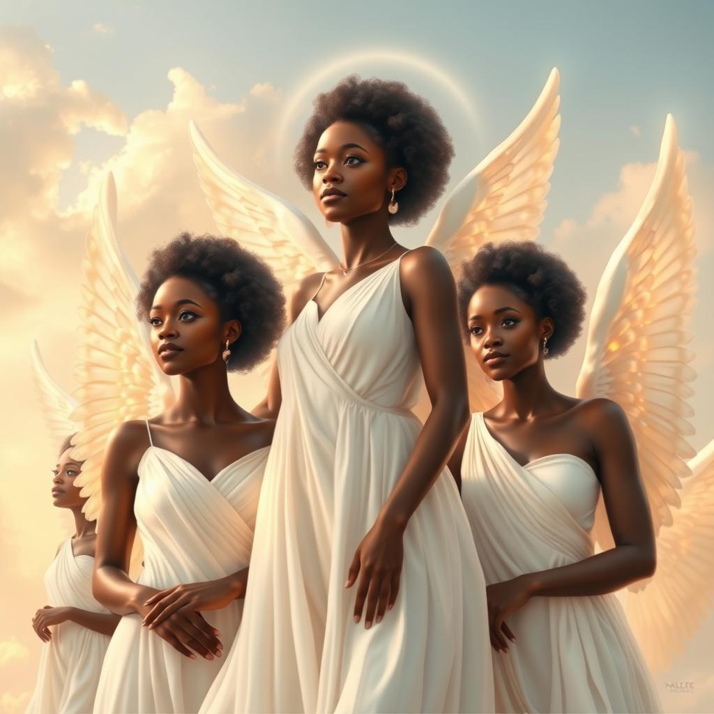 A group of beautiful Black African angels elegantly dressed in flowing white garments that glimmer with soft light