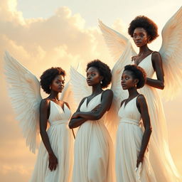 A group of beautiful Black African angels elegantly dressed in flowing white garments that glimmer with soft light
