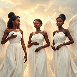 A group of beautiful Black African angels elegantly dressed in flowing white garments that glimmer with soft light