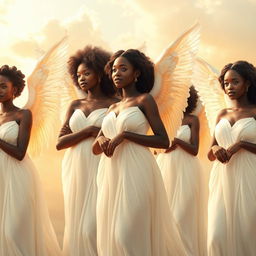 A group of beautiful Black African angels elegantly dressed in flowing white garments that glimmer with soft light