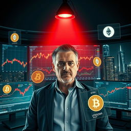 A dramatic scene showcasing a cryptocurrency trader whale, depicted as a confident medium-aged man with a determined expression, standing in front of a large screen filled with fluctuating cryptocurrency market charts