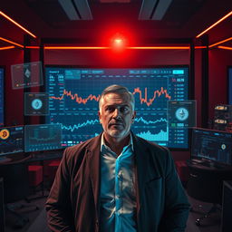 A dramatic scene showcasing a cryptocurrency trader whale, depicted as a confident medium-aged man with a determined expression, standing in front of a large screen filled with fluctuating cryptocurrency market charts