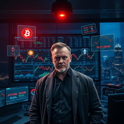 A dramatic scene showcasing a cryptocurrency trader whale, depicted as a confident medium-aged man with a determined expression, standing in front of a large screen filled with fluctuating cryptocurrency market charts