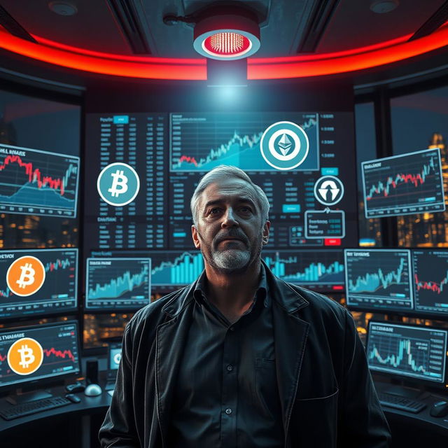 A dramatic scene showcasing a cryptocurrency trader whale, depicted as a confident medium-aged man with a determined expression, standing in front of a large screen filled with fluctuating cryptocurrency market charts