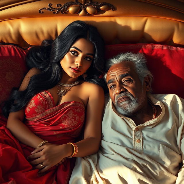 A captivating and sensual scene featuring a beautiful young Hindu woman with long dark hair, wearing a delicate and elegant red and gold ethnic outfit