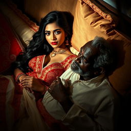 A captivating and sensual scene featuring a beautiful young Hindu woman with long dark hair, wearing a delicate and elegant red and gold ethnic outfit