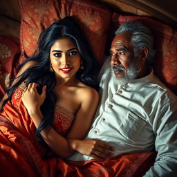 A captivating and sensual scene featuring a beautiful young Hindu woman with long dark hair, wearing a delicate and elegant red and gold ethnic outfit