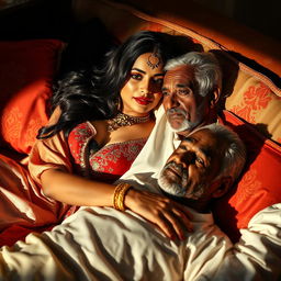 A captivating and sensual scene featuring a beautiful young Hindu woman with long dark hair, wearing a delicate and elegant red and gold ethnic outfit