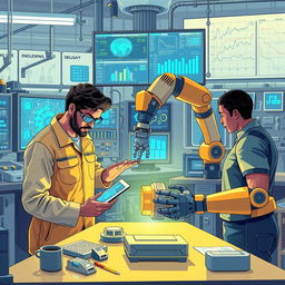 An engaging and detailed illustration depicting the integration of artificial intelligence in engineering activities
