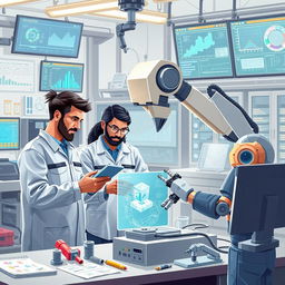 An engaging and detailed illustration depicting the integration of artificial intelligence in engineering activities