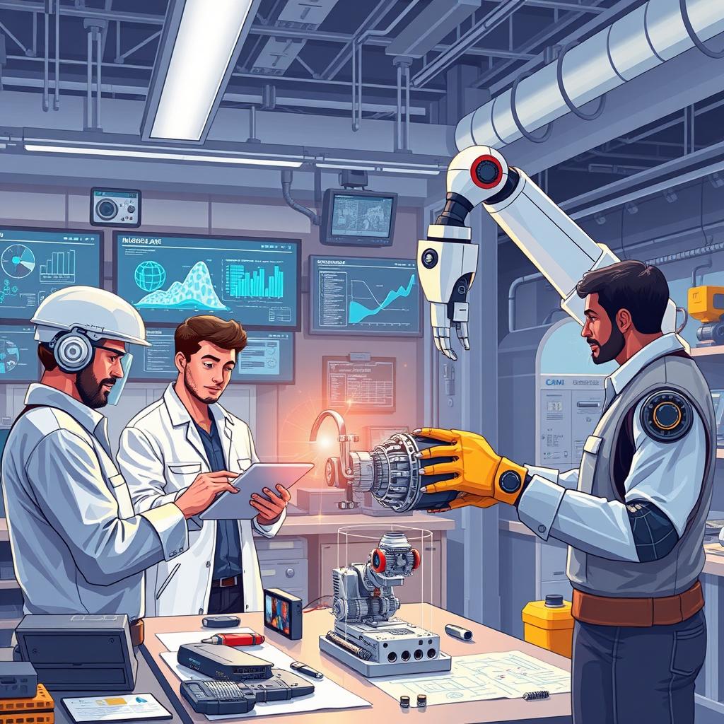 An engaging and detailed illustration depicting the integration of artificial intelligence in engineering activities