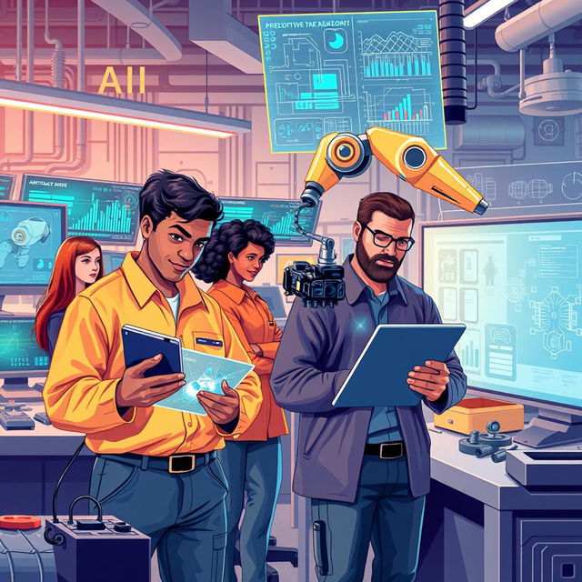 An engaging and detailed illustration depicting the integration of artificial intelligence in engineering activities