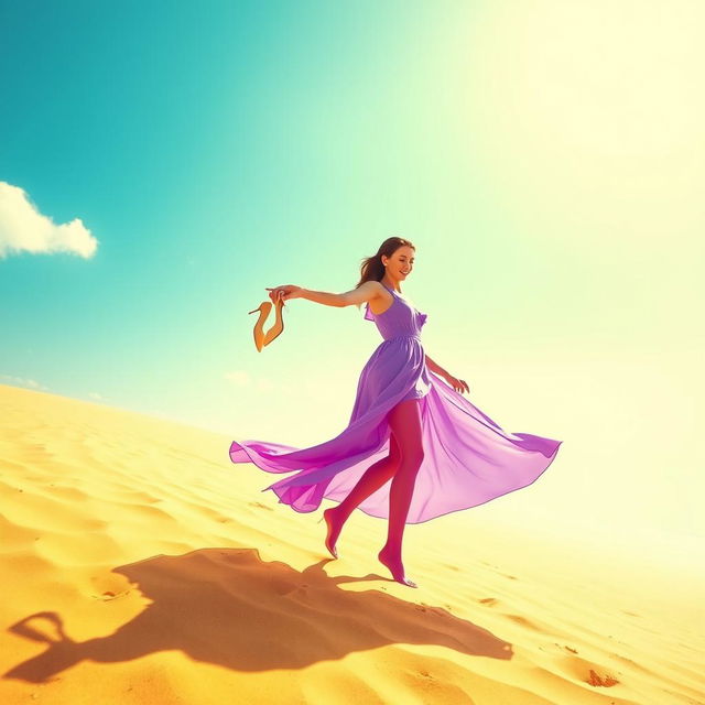A vibrant scene depicting a woman walking shoeless on golden yellow sand, dressed in a flowing violet dress that gracefully flutters with her movements