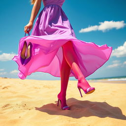 A vibrant scene depicting a woman walking shoeless on golden yellow sand, dressed in a flowing violet dress that gracefully flutters with her movements