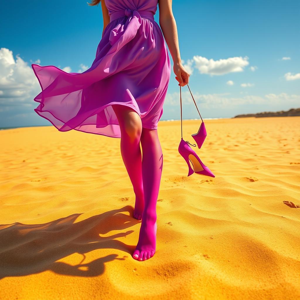 A vibrant scene depicting a woman walking shoeless on golden yellow sand, dressed in a flowing violet dress that gracefully flutters with her movements
