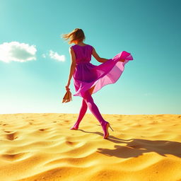 A vibrant scene depicting a woman walking shoeless on golden yellow sand, dressed in a flowing violet dress that gracefully flutters with her movements