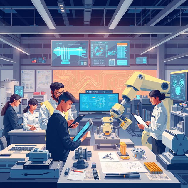 An insightful and dynamic illustration showcasing the use of artificial intelligence in engineering activities