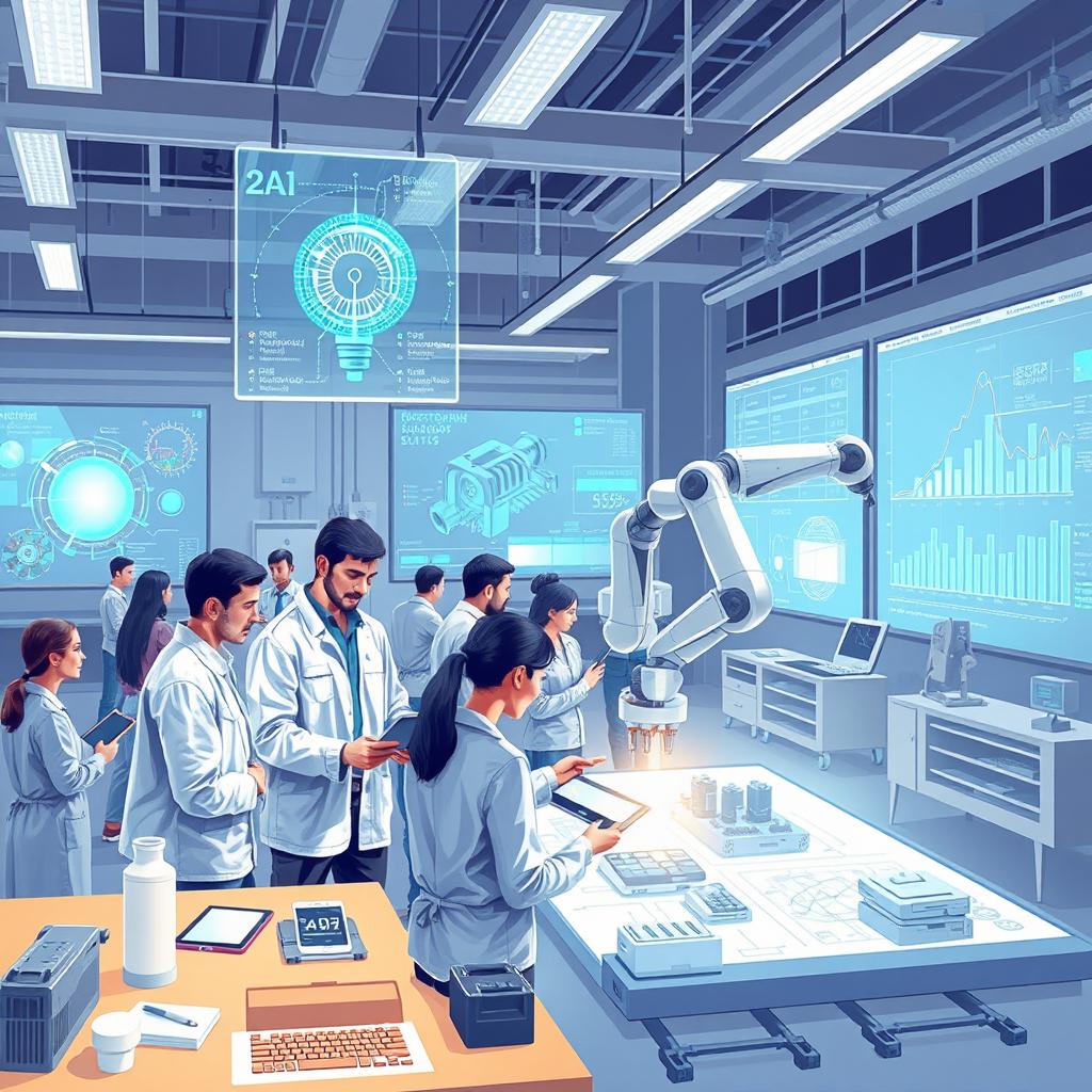 An insightful and dynamic illustration showcasing the use of artificial intelligence in engineering activities
