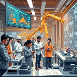An insightful and dynamic illustration showcasing the use of artificial intelligence in engineering activities