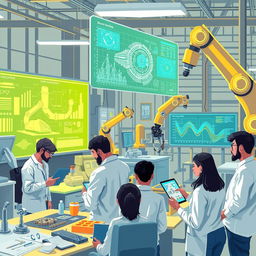 An insightful and dynamic illustration showcasing the use of artificial intelligence in engineering activities