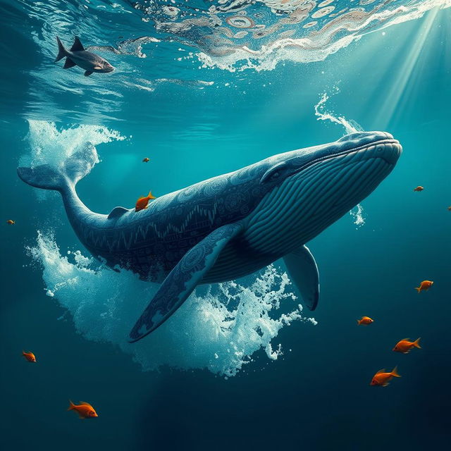 A majestic whale emerging from the ocean, adorned with intricate patterns and designs resembling stock market graphs and trading symbols, surrounded by splashes of water and colorful fish